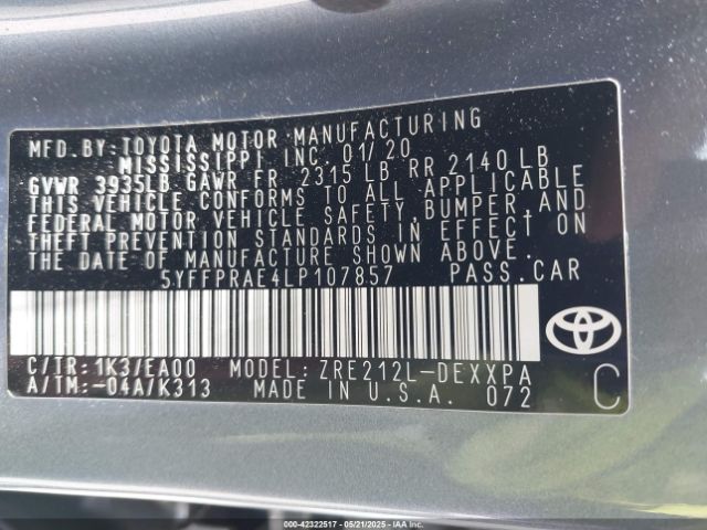2020 TOYOTA COROLLA 5YFFPRAE4LP107857 Photo 8