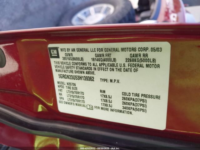 2003 HUMMER H2 5GRGN23U53H139362 Photo 8