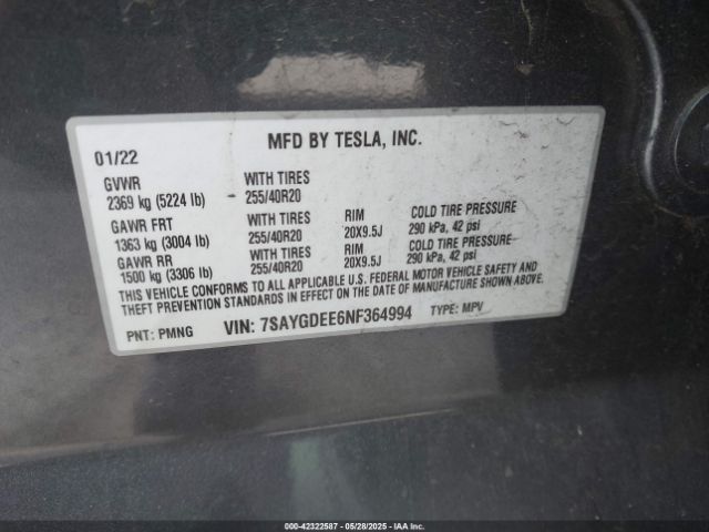 7SAYGDEE6NF364994 Tesla Model Y Long Range Dual Motor All-wheel Drive