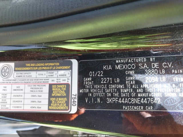 3KPF44AC8NE447642 KIA t-gdi gamma