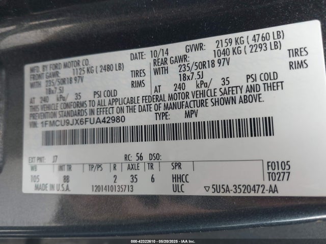 1FMCU9JX6FUA42980 Ford 2015