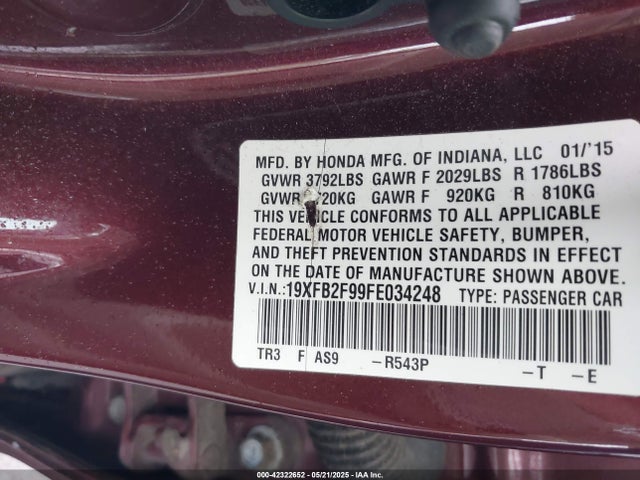 2015 Honda Civic Ex-l მანქანა იყიდება აუქციონზე, vin: 19XFB2F99FE034248, აუქციონის ნომერი: 42322652
