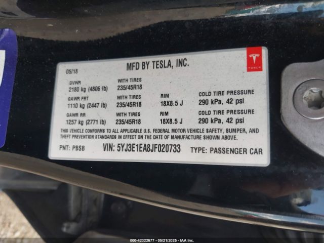 5YJ3E1EA8JF020733 Tesla Model 3 Long Range/mid Range