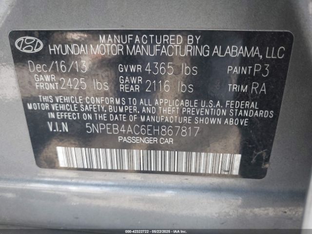 5NPEB4AC6EH867817 Hyundai SONATA GLS