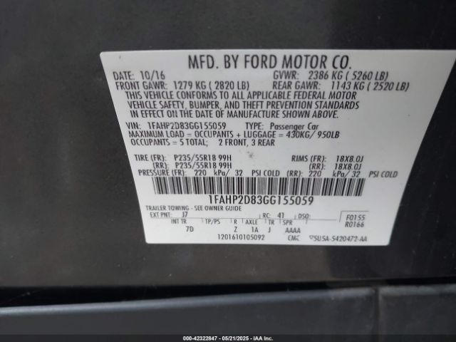 1FAHP2D83GG155059 Ford TAURUS SE