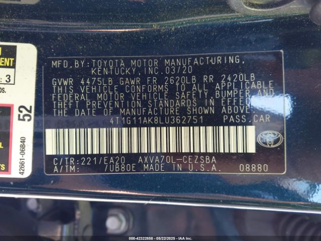 4T1G11AK8LU362751 Toyota CAMRY SE