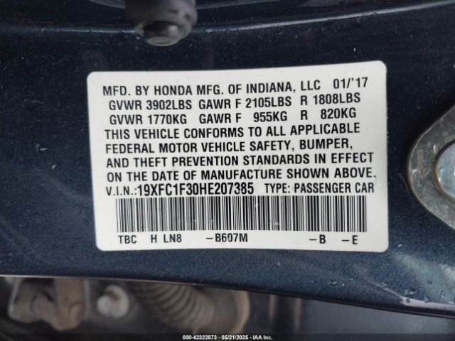 19XFC1F30HE207385 Honda Civic Ex-t