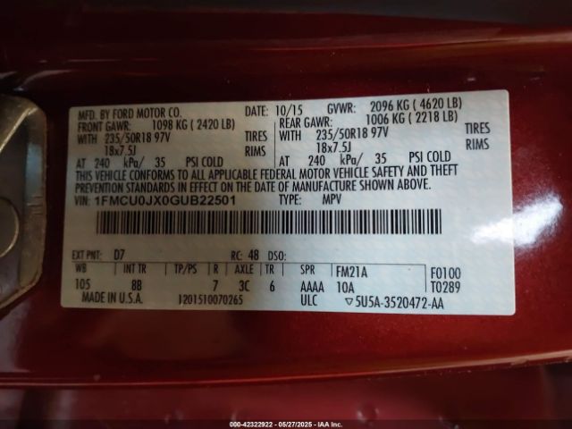 1FMCU0JX0GUB22501 Ford Escape Titanium