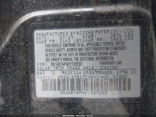 3N1AB7AP4KY389580 Nissan 2019