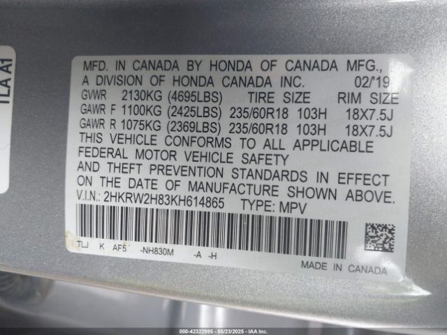2HKRW2H83KH614865 Honda Cr-v Ex-l