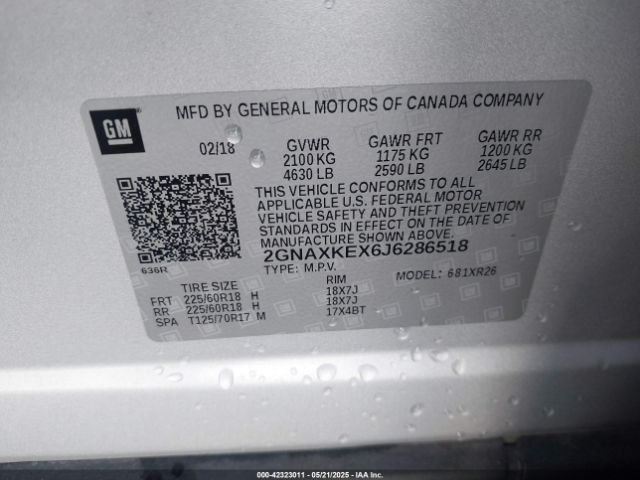 2GNAXKEX6J6286518 Chevrolet EQUINOX LT