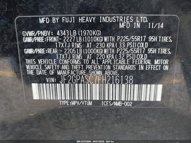 JF2GPASC7FH216138 Subaru 2.0l naturally aapirated