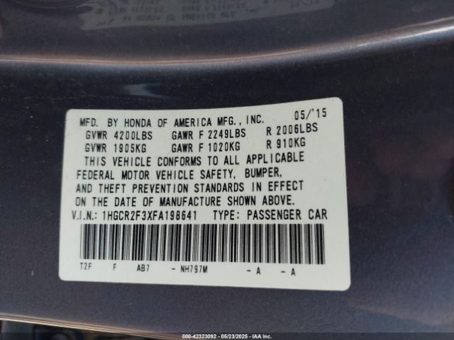 1HGCR2F3XFA198641 Honda k24w1