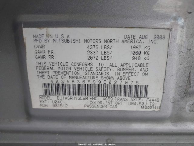 2009 MITSUBISHI GALANT 4A3AB36F99E027075 Photo 8