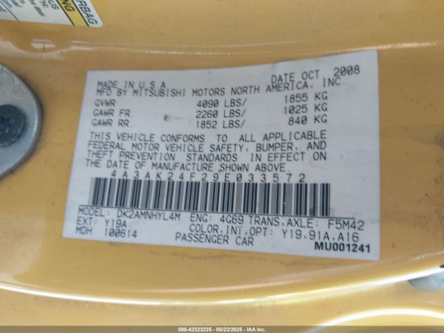 2009 MITSUBISHI ECLIPSE 4A3AK24F29E033572 Photo 8