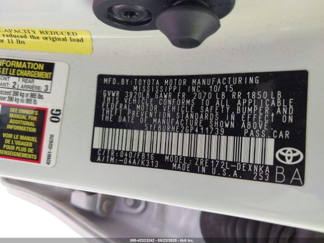 5YFBURHE2GP411739 Toyota Corolla L/le/le Plus/le Premium/s/s Plus/s Premium/s W/special Edition Pkg