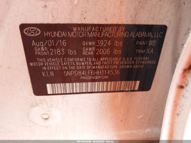 5NPD84LF6HH114536 Hyundai ELANTRA SE