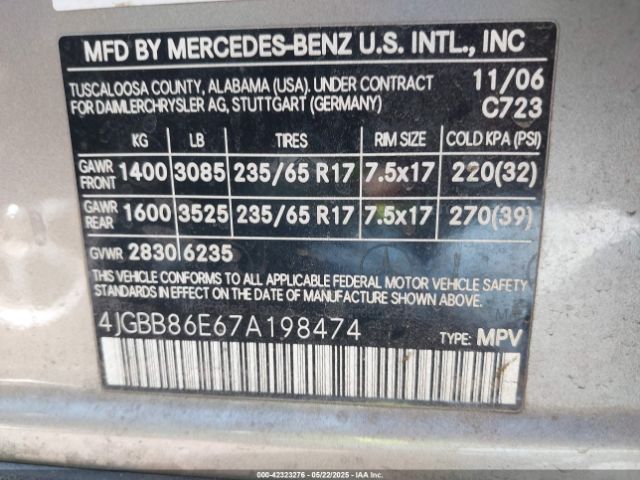 2007 MERCEDES-BENZ ML 350 4JGBB86E67A198474 Photo 8