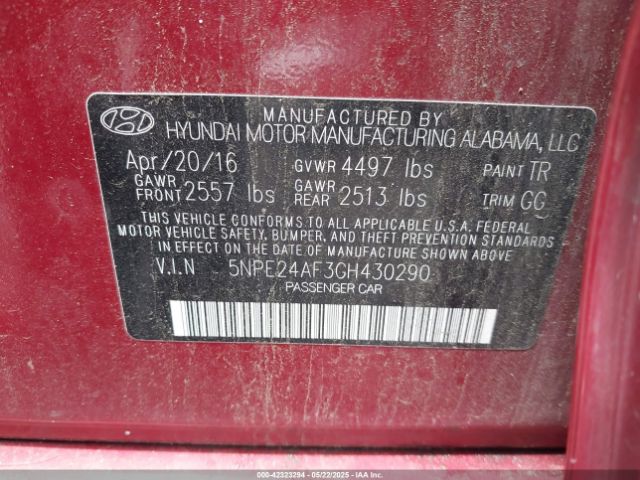 5NPE24AF3GH430290 Hyundai SONATA SE