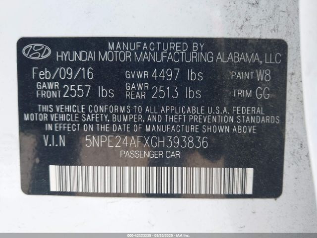 5NPE24AFXGH393836 Hyundai Sonata