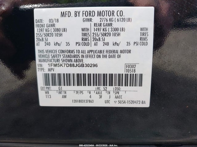 1FM5K7D88JGB30296 Ford EXPLORER XLT