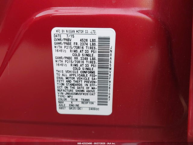 JN8AS5MV8FW261047 Nissan Rogue Select S