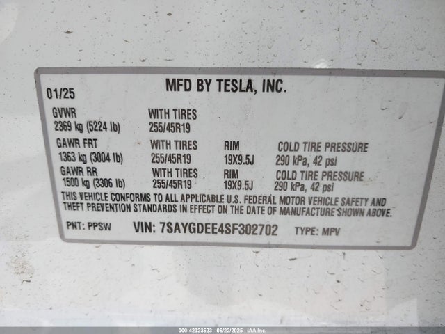 7SAYGDEE4SF302702 Tesla Model Y