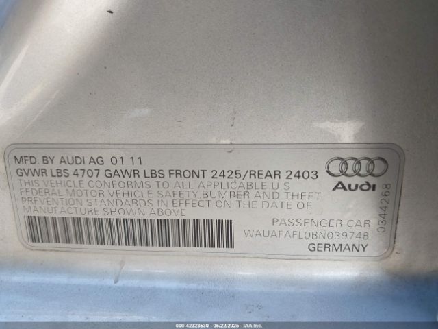 2011 AUDI A4 WAUAFAFL0BN039748 Photo 8