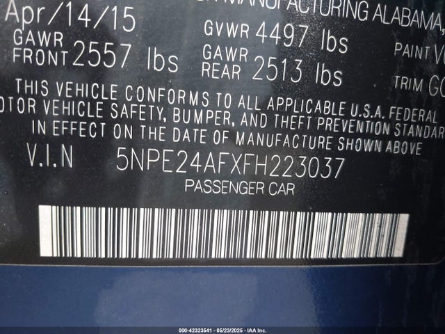 42323541 :رقم المزاد ، 5NPE24AFXFH223037 vin ، 2015 Hyundai Sonata Se مزاد بيع