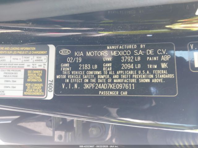 3KPF24AD7KE097611 KIA FORTE FE