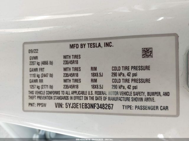 5YJ3E1EB3NF348267 Tesla Model 3 Long Range Dual Motor All-wheel Drive