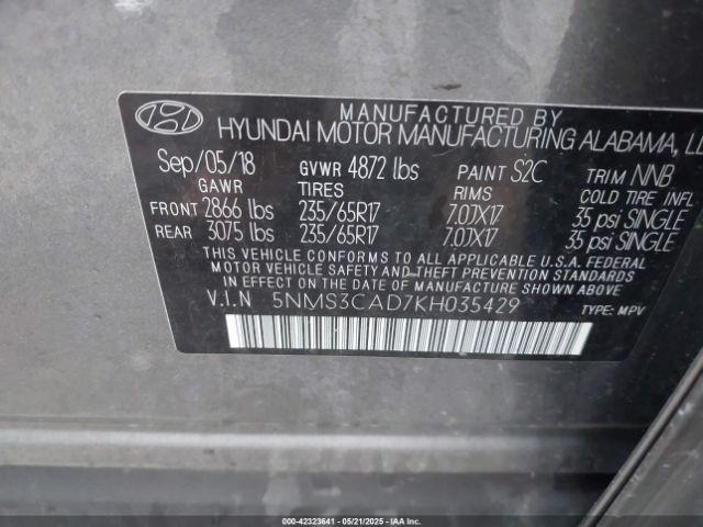5NMS3CAD7KH035429 Hyundai Santa Fe Sel
