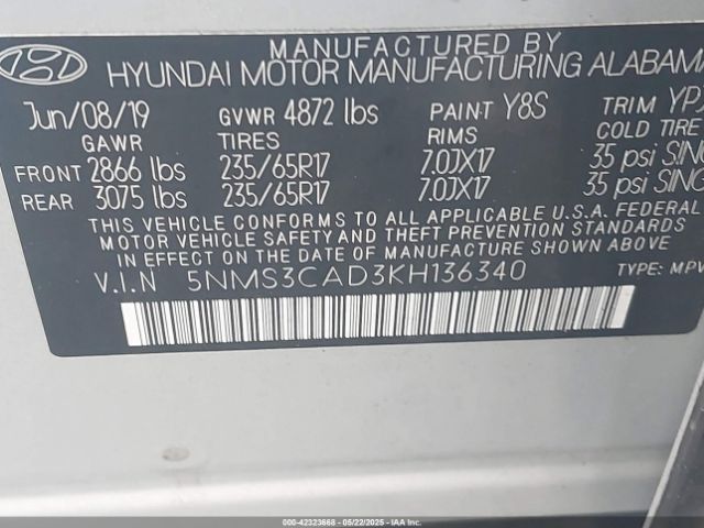 2019 HYUNDAI SANTA FE 5NMS3CAD3KH136340 Photo 8