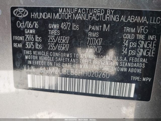 5NMZU3LB6HH020260 Hyundai gdi theta ii