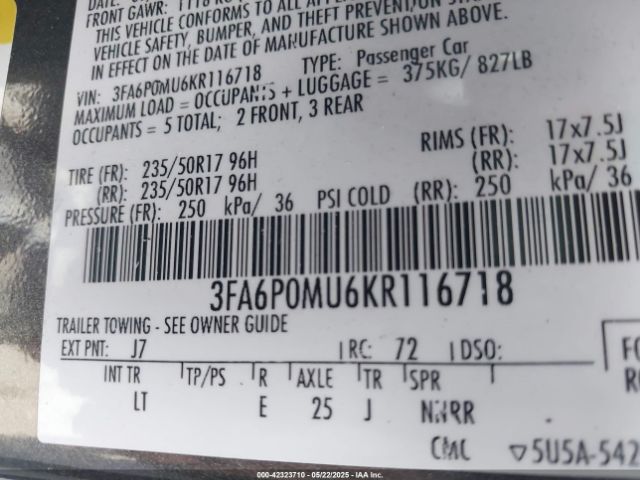 3FA6P0MU6KR116718 Ford 2019