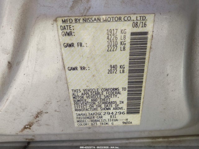 1N4AL3AP2GC294296 Nissan Altima 2.5 Sv