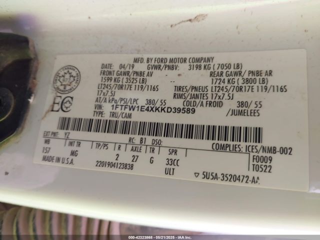 1FTFW1E4XKKD39589 Ford F-150 Xlt