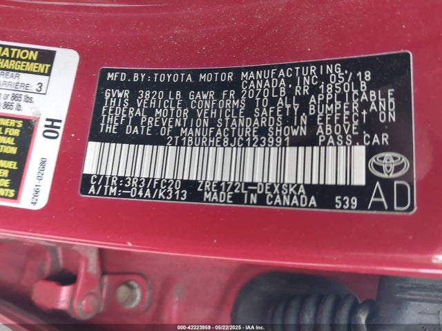 2T1BURHE8JC123991 Toyota 2zr-fe