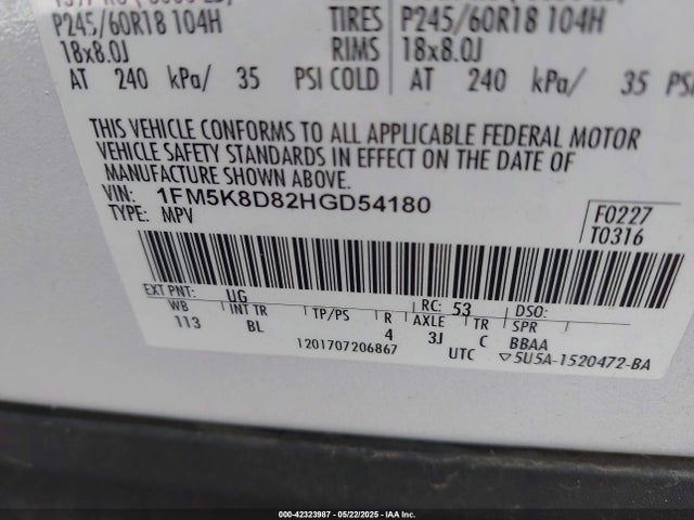 1FM5K8D82HGD54180 Ford EXPLORER XLT