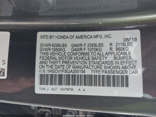 1HGCV1F50JA200154 Honda Accord Ex-l