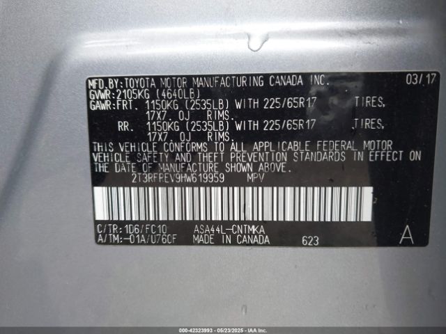 2T3RFREV9HW619959 Toyota Rav4 Xle