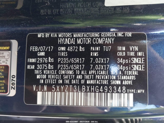 5XYZT3LBXHG493348 Hyundai gdi theta ii