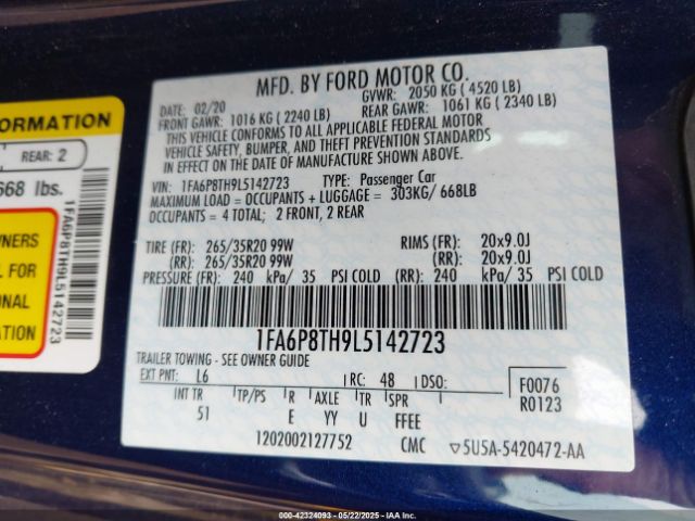 1FA6P8TH9L5142723 Ford Mustang Ecoboost Premium Fastback