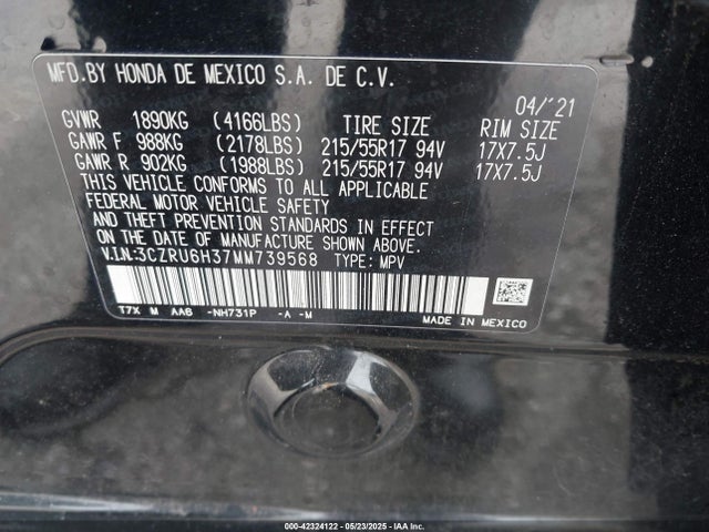 3CZRU6H37MM739568 Honda Hr-v Awd Lx