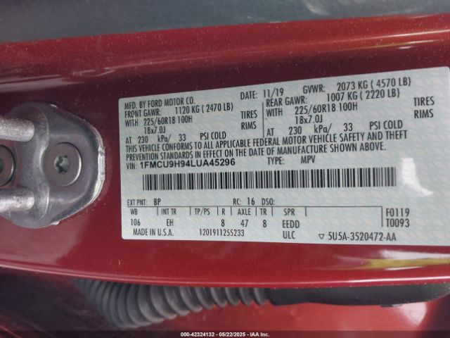 1FMCU9H94LUA45296 Ford ESCAPE SEL