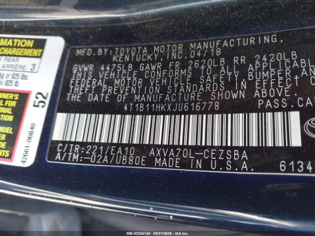 2018 TOYOTA CAMRY 4T1B11HKXJU616778 Photo 8