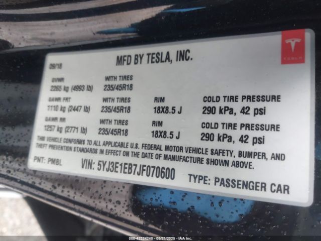 5YJ3E1EB7JF070600 Tesla Model 3 Long Range/performance