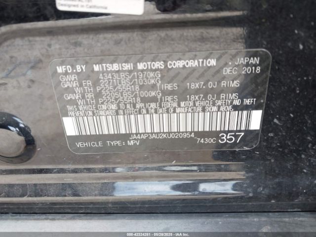 2019 MITSUBISHI OUTLANDER SPORT JA4AP3AU2KU020954 Photo 8