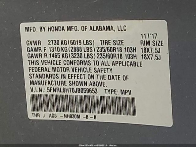 5FNRL6H70JB059653 Honda Odyssey Ex-l