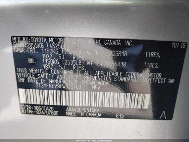 2T3YFREV9HW320709 Toyota 2ar-fe
